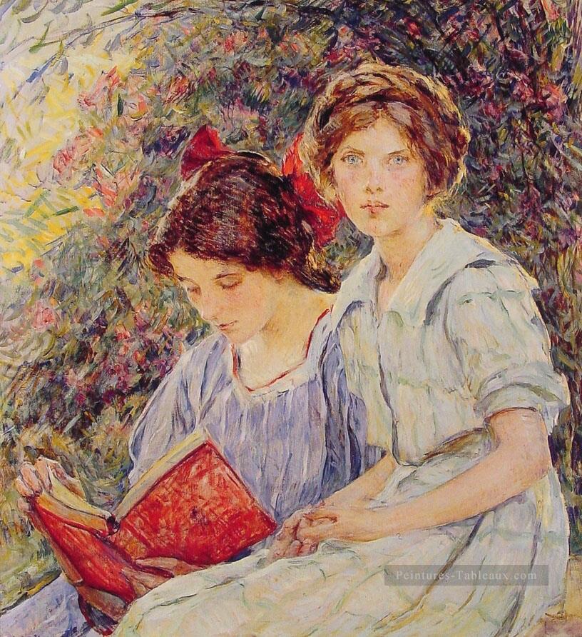 Deux filles lisant la dame Robert Reid Peintures à l'huile